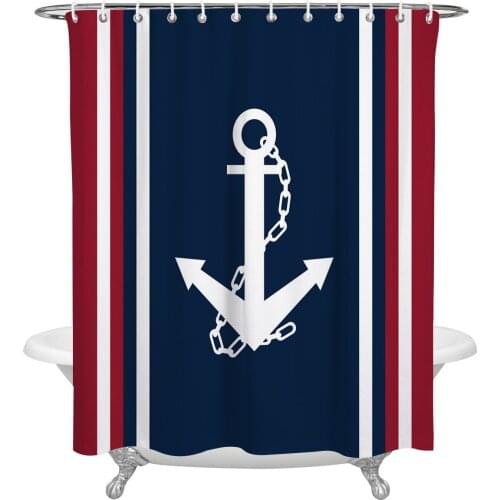 Vertical Stripe White Anchor Shower Curtain Waterproof Polyester Fabric Shower Curtains Home Decoration Curtain with Hook