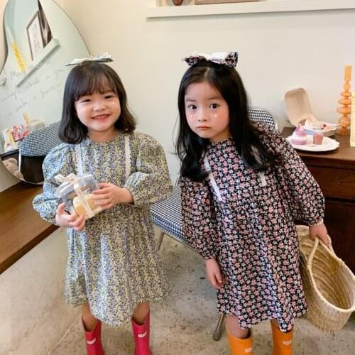 2021 Spring New Arrival Girls Long Sleeve Dress Kids Korean Design Floral Dresses