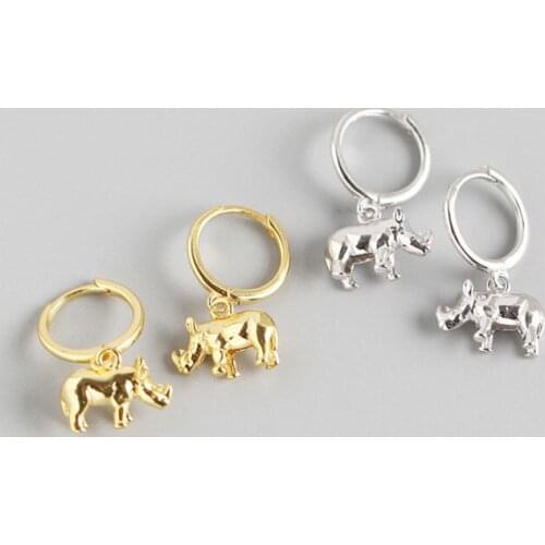 WTLTC Authentic 925 Sterling Sliver Rhinoceros Huggie Earrings 3D Small Animal Hoop Earrings Personality Hanging Earrings Hoops