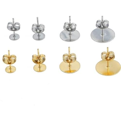 20-100pcs Gold Color Stainless Steel Blank Post Earring Studs Base Pins With Earring Plug Findings Ear Back For Jewelry Making