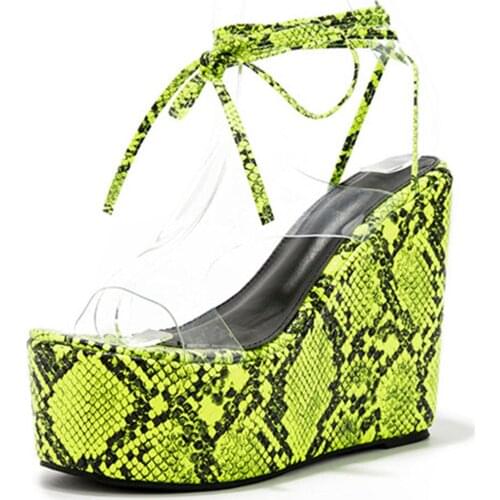 Women Shoes Platform Sandals Women Peep Toe High Wedges Heel Ankle Strap Sandalia Snake Print Female Sandals PVC Upper Shoes