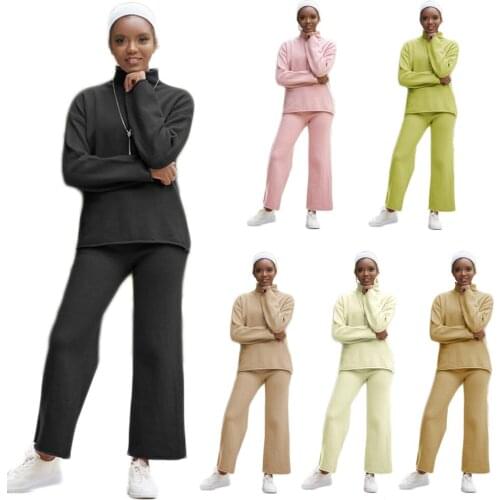 Women Sweater Two Pieces Knitted Sets Tracksuit Chic Pullover Stand Collar Long Sleeve Top Wide Leg Pants Autumn Winter 2020 New