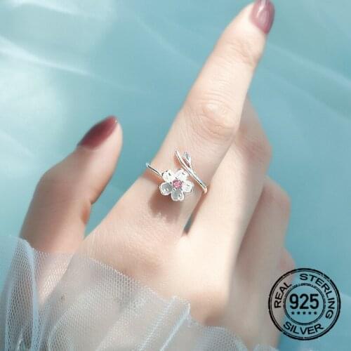 S925 Silver Pink Zircon Flower Cherry Blossom Rings For Women Opening Adjustable Simple Fashion Student Girl Jewelry Gift INEFFA