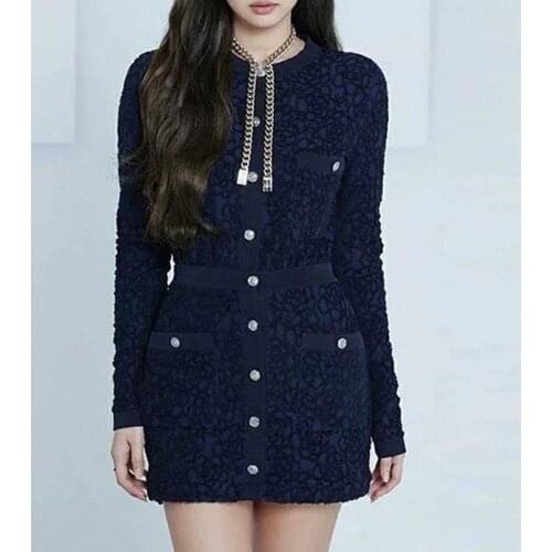 2021 Dresses Women Early Spring Wool Long-Sleeve O-Neck Golden Button Runway Short Dress Black White Striped Dress