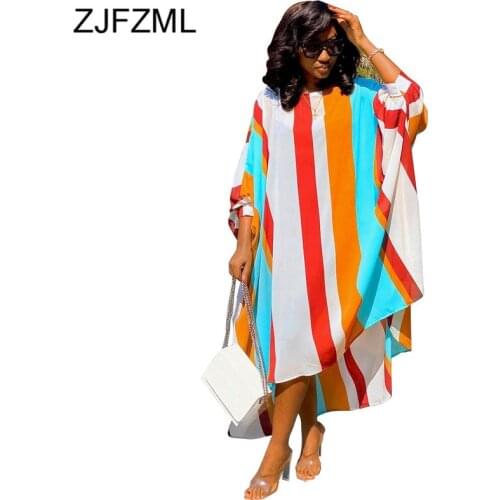 Chiffon Loose Striped Print Elegant Dresses Women Round Collar Three Quarter Sleeve Vestidos Casual Short Front Long Robe Femme
