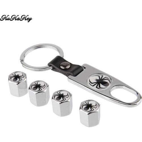 1pcs Car Keychain with 4pcs Creative Spider Pattern Bicycle Motorcycle Car Tire Wheel Air Stem Valve Caps for BMW for Chevrolet