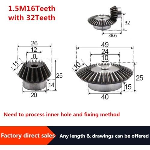 2pcs 1:2 Bevel Gear 1.5 Modulus 16 Teeth + 32teeth Inner Hole 10mm 90 Degree Drive Commutation Steel Gears Steel Gears Screw M5
