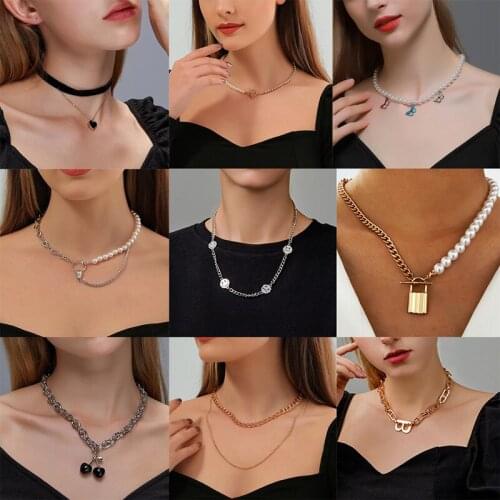 2021 Fashion Classic Cz Gem Pearl Clavicle Chain Necklace Set Butterfly Heart Hip Hop Necklace For Women Chain Pendant Jewelry