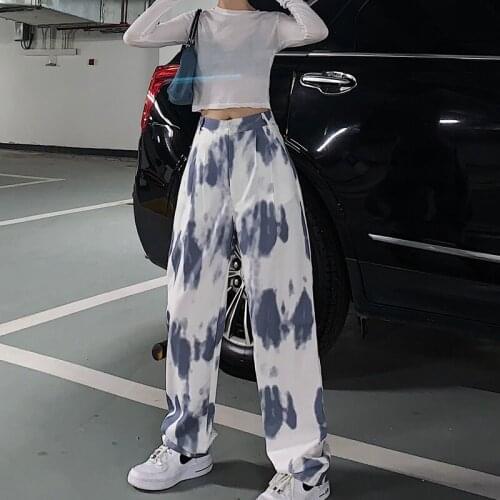 ZCSMLL Personality Tie-dye Nine-point Wide-leg Pants Womens Casual Loose Loose Wild Student Straight Hiphop Pants Trend