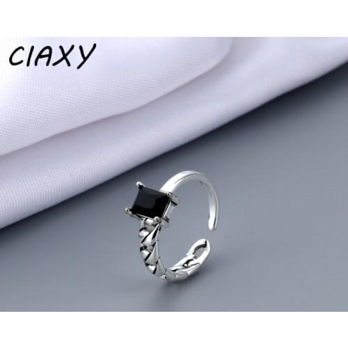 CIAXY 925 Sterling Silver Rectangular Black Agate Rings for Women Geometric Design Open Ring Thai Silver Luxury Jewelry Gifts