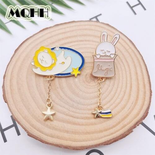 Cartoon Cute Animals Lion Rabbit Enamel Pins Chain Pendant Star Alloy Brooch Badge Prepaid Bag Accessories Woman Jewelry Gift