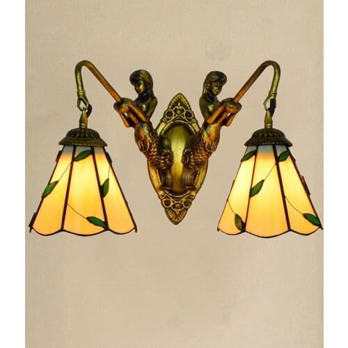 European-Style Retro Mermaid Corridor Double-Headed Wall Lamp American Tiffany Colorful Glass Pastoral Leaves Glass Lamp