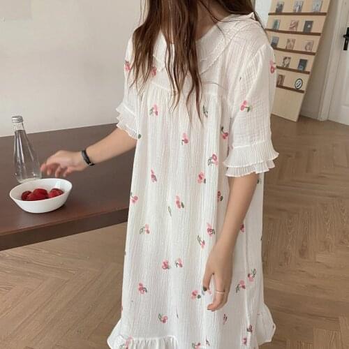Cherry Print Summer Nightgown Women O-Neck Short Sleeve Sleepwear Soft Kawaii Cotton Homewear Home Clothes Sweet Korean