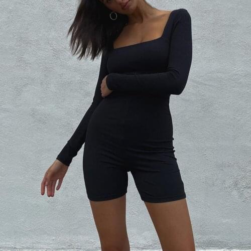 Summer clothes for women sexy romper bodycon black rompers playsuits sexy stretch playsuit square neck romper shorts with sleeve