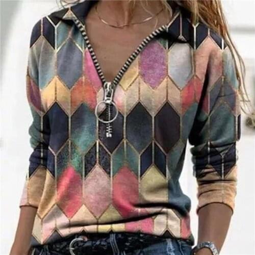 Fashion Base Pullover Lapel Geometric Rhombus Printed Zipper Long Sleeve Casual Blouse T-shirt Spring Elegant Retro Women Tops
