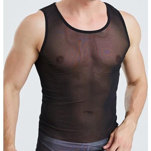 Men Sexy Bodybuilding Tank Top See-through Breathable Solid Colors Fitness Undershirts Transparent Mesh Tank Top