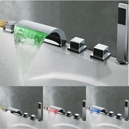 Vidric 5pcs LED Waterfall Bathtub Faucet Set 3 Handles Mixer Sink Tap LED Waterfall Bathroom Faucet Torneiras