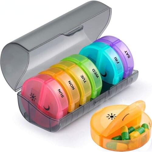 14 Grids Detachable Pill Box Travel Weekly Rainbow Round Pill Case Portable 7 Days Medicine Tablet Organizer Container Dispenser