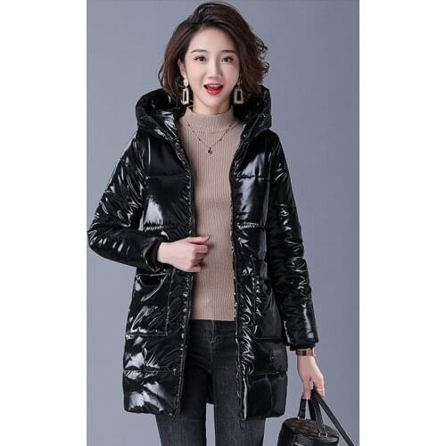 Down Cotton Padded Clothes Women 2021 New Winter Bright Face Mid-length Fashion Slim Thickened Hooded Long Sleeve Manteau Femme