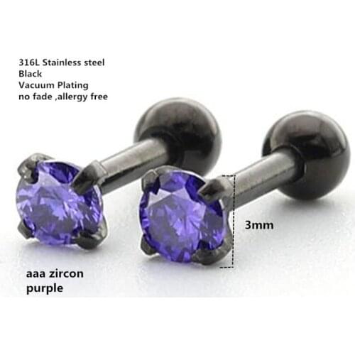 Titanium Black Plated Screw Stud Earrings With Mini 3mm Purple AAA Zircon 316L Stainless Steel No Fade No Allergy