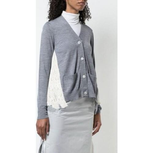 Spring New Fashion Casual Long Sleeve Knitted Sweater Women V-Neck Single-Breasted Back Folds Lace Patchwork Tops