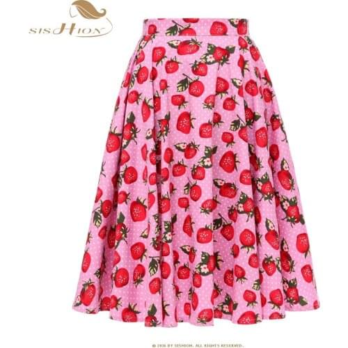 SISHION Vintage jupe femme Summer Skirt SP0677 Strawberry Floral Print Polka Dot Swing A Line Cotton Pink Skirt