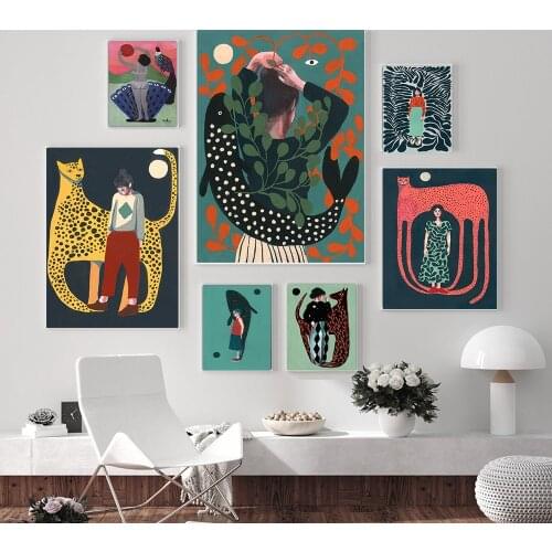 Nordic Posters Print Illustration Woman Fish Plants and Animal Jagua Wall Art Canvas Painting Picture For Living Room Home Decor