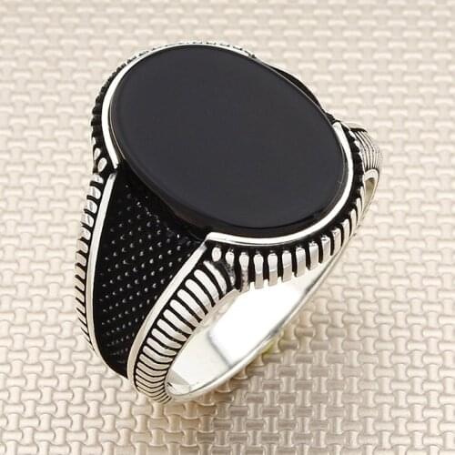 Modern Office Oval Black Onyx Stone Men Silver Ring Made in Turkey Solid 925 Sterling Silver