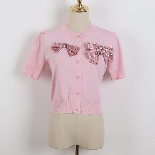 Pink Bow Round Neck Sweater Summer Luxury High Quality Decoration Ice Silk Knit Sweet Fashion Short-Sleeved Cardigan T-Shirt Top