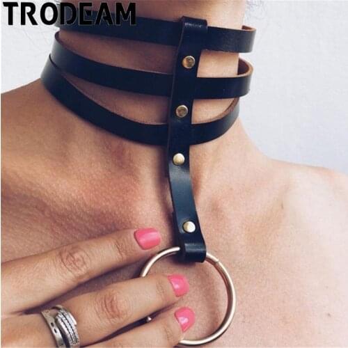 TRODEAM Fetish PU Leather 3 Layers Collar Neck Straps Black Adjustable Belts Rock Gothic Choker Bondages Lingerie BDSM Necklace
