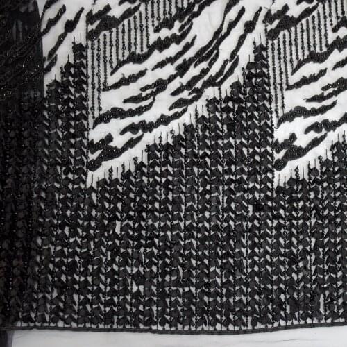 Hot Sale African Balck Heavy Handmade Baded 3d Flower Applique Lace Fabric With Sequins And Pearls For Dress HY0696-6