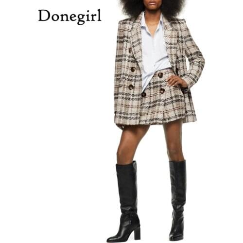 2021 Spring New Women Double Breasted Tweed Check Blazers Coat Vintage Long Sleeve Female Outerwear And High Waist Short Skirt