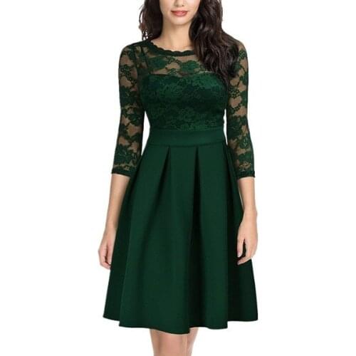 Elegant sexy lace top 3/4 sleeve A-line party dresses Green/black/wine red/blue/white women dress Lady cocktail classy dress
