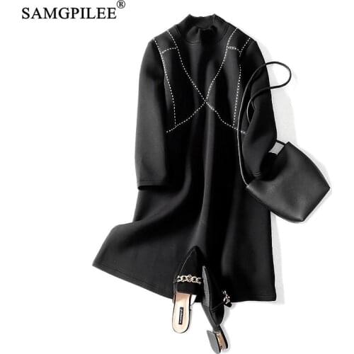 Space Cotton Dresses For Women Casual Robe Femme A-line Solid Full Sleeve Knee-length Empire Turtleneck Women Autumn Dresses 3XL