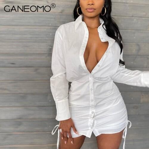 2021 Elegant Blue Bodycon Shirt Dress For Women Party Sexy Long Sleeve Drawstring Solid Ruched Short Mini Dresses Autumn White