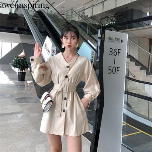 Awe-inspiring Korean style womens Casual v-neck loose waist long-sleeved long lantern sleeve white dress with belt vestido