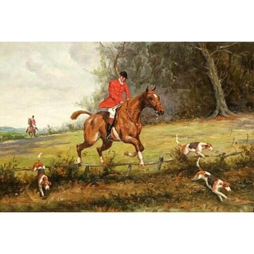 100%Handmade Oil Painting Hand Oil painting male portrait horseman & red horse and dogs Hound in landscape
