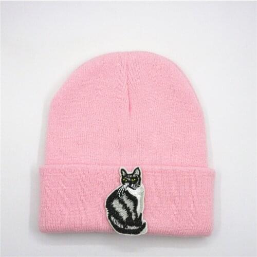 Black cat animal embroidery Thicken knitted hat winter warm hat Skullies cap beanie hat for men and women 217