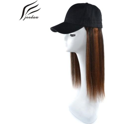Jeedou Synthetic Straight Hair Wig with Baseball Cap Black Hat for Girls Black Brown Colorl