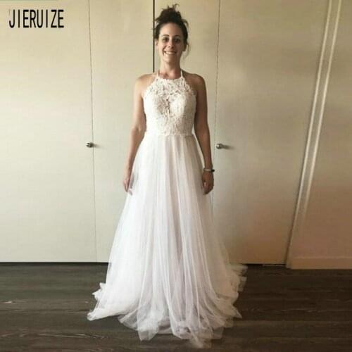 JIERUIZE White Boho Wedding Dresses Halter Neck Sexy Backless Appliques A Line Bridal Dresses Vestido De Noiva Wedding Gowns