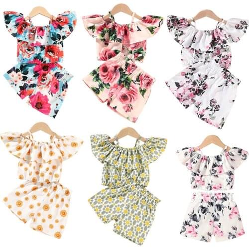 FOCUSNORM 8 Colors Summer Kids Girls Clothes Sets 2pcs Flowers Printed Off Shoulder Ruffles Shorts Sleeve Tops Shorts 0-6Y