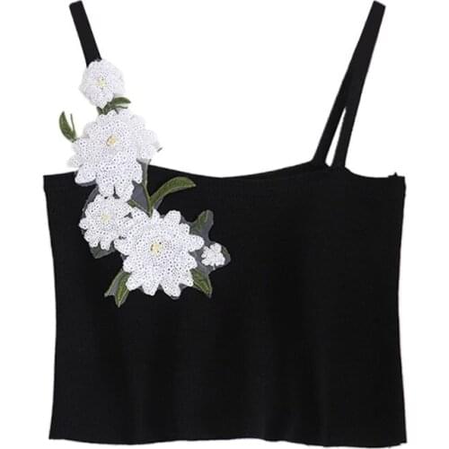 Summer Sexy Women Small Daisy Sequins Cami Halter Vest Strap Crop Top Knitted Sleeveless Blouse Casual Party Clubwear