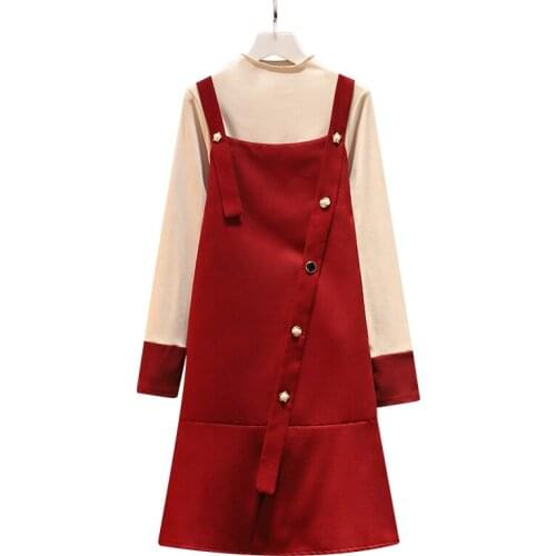 Sweet Women Sets Autumn Half High Collar Apricot Top Sweatshirt Pullover Red Strap Dress Trendy Casual Simple Soft Winter