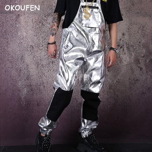 Fashion Silver one-piece overalls nightclub bar singer dancer stage show hip-hop jumpsuit tide mens bib