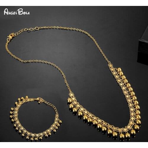 Never Fading Muslim Islamic Long Gold Beaded Pendant Necklace Bracelet Set Turkey Middle East Fashion Luxury Jewelry Set