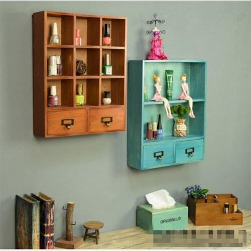 Wall Grid Shelf Organizer Wooden Wall-mounted Storage Box with Drawer Figurine Crafts Display Holders Home Bedroom Wood Shelves