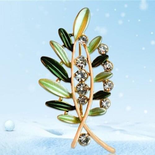 New Fashion Bamboo leaves Rhinestone Brooch Hijab for women dress Lapel pins Colorful leaves Alloy Wedding Brooch bouquet X1625