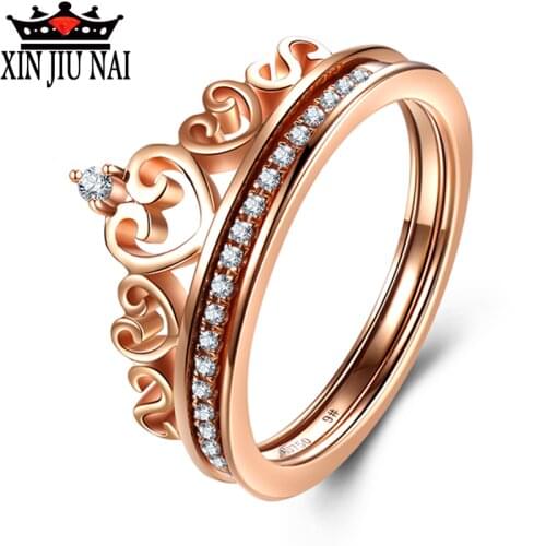 New Christmas gift Luxury Rose Gold Color 2 Pieces Love Heart CZ Crystal Crown Ring Sets Engagement Rings For Women jewelry
