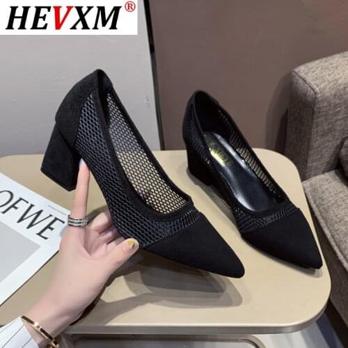 Summer New Mesh Dot Breathable High Heel Square high heel Shallow Mouth Pointed Single Shoes 6.5cm Heel Size 40 zapatos de mujer
