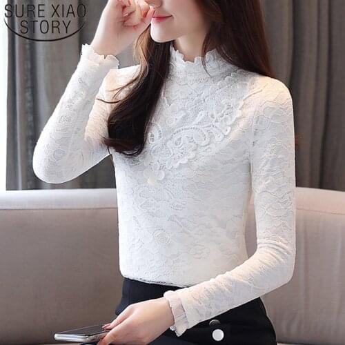 Autumn Blouse Women 2021 Ladies Tops Long Sleeve Balck Tops Lace Blouse Blusas Slim Plus Isze Tops Solid Stand Harajuku 6826 50